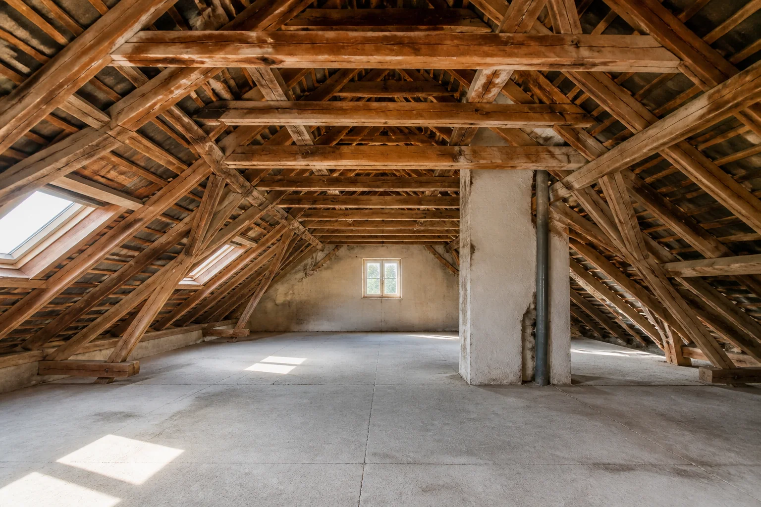 Unausgebauter deutscher Dachboden mit sichtbarem Tragwerk